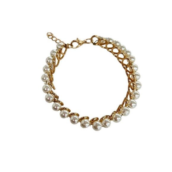 Faux Pearl Goldtone Bracelet Lobster Clasp Swirl Setting  6.5-7.5" - Picture 5 of 6